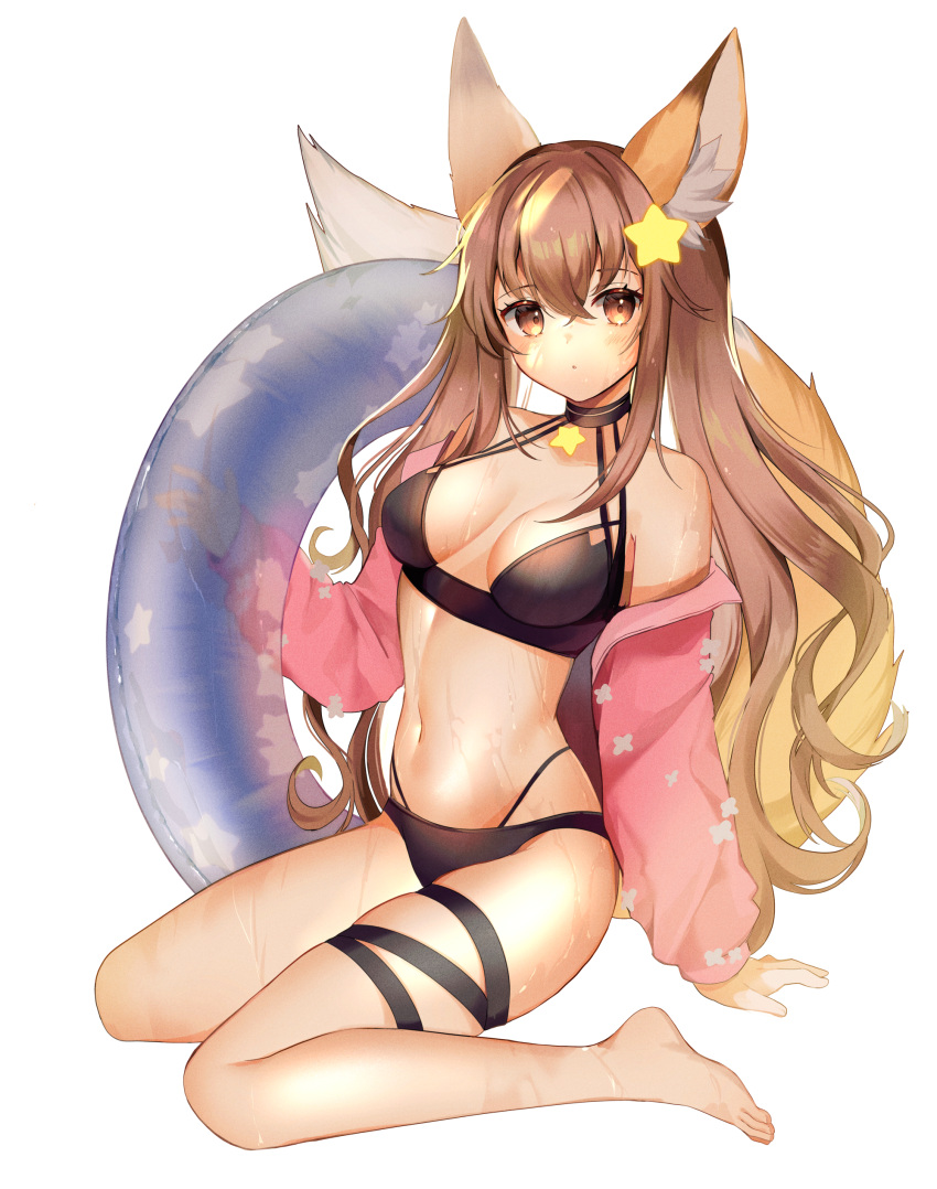 1girl, absurdres, animal_ears, annytf, bare_shoulders, barefoot, bikini, black_bikini