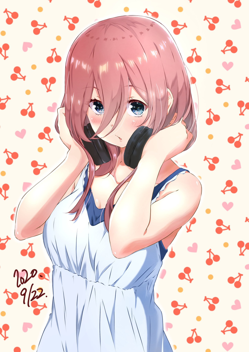 1girl, bangs, blue_eyes, blush, breasts, brown_hair, cherry_background, dated