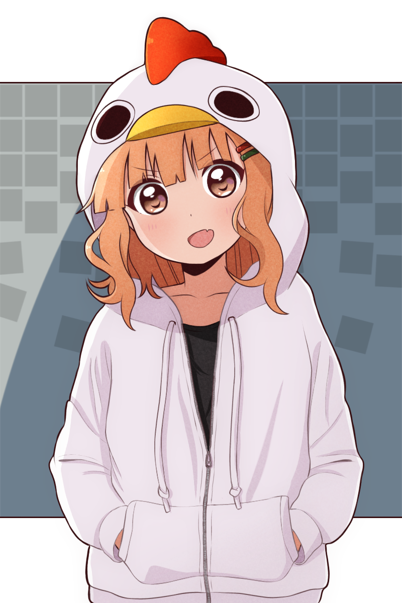 1girl, :d, animal_hood, bangs, black_shirt, brown_eyes, chicken_costume, collarbone