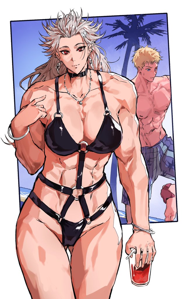 1boy, 1girl, abs, beach, blonde_hair, breasts, dorohedoro, earrings, jewelry, large_breasts, long_hair, looking_at_viewer, muscular, muscular_female, navel, noi_(dorohedoro), open_mouth, park_ongjol, red_eyes, shin_(dorohedoro), simple_background, smile, solo, swimsuit, white_hair