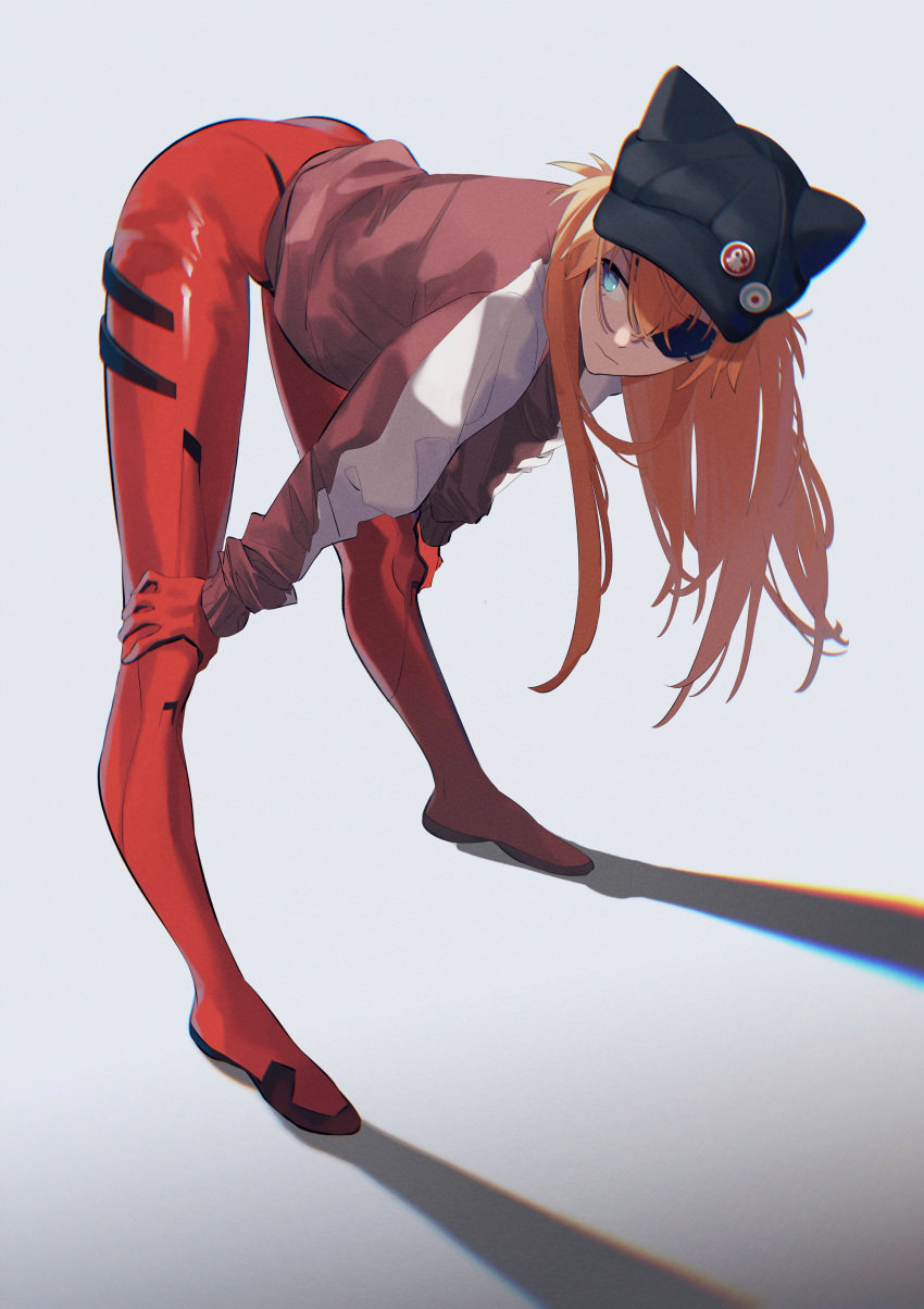 1girl, absurdres, baseball_cap, bent_over, black_headwear, blue_eyes, bodysuit, closed_mouth