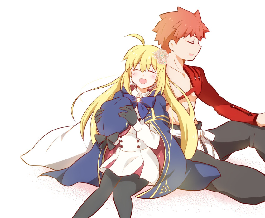 1boy, 1girl, ahoge, artoria_pendragon_(caster)_(fate), artoria_pendragon_(fate), bangs, black_bow, black_gloves, black_legwear, blonde_hair, blue_bow, blue_cape, blue_headwear, blue_neckwear, blush, bow, bowtie, buttons, cape, closed_eyes, collarbone, commentary_request, dress, emiya_shirou, eyebrows_visible_through_hair, fate/grand_order, fate_(series), flower, gloves, hair_flower, hair_ornament, hairclip, hat, hat_bow, highres, holding, holding_clothes, holding_hat, japanese_clothes, long_hair, long_sleeves, open_mouth, orange_hair, pantyhose, pointy_hair, senji_muramasa_(fate), shirtless, short_hair, sidelocks, simple_background, single_bare_shoulder, sitting, smile, tsuchiya_madose, twintails, white_background, white_dress