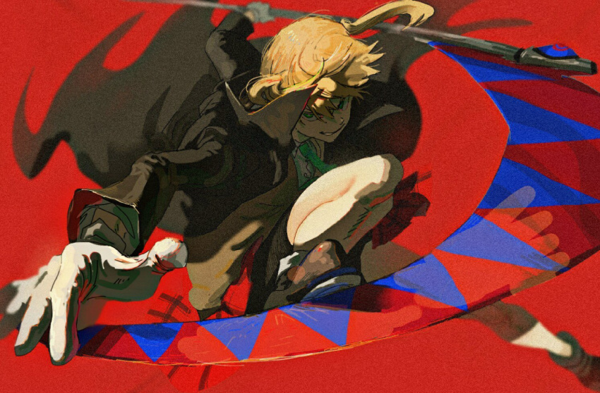 1girl, blonde_hair, film_grain, gloves, green_eyes, holding, holding_scythe, holding_weapon, long_hair, looking_at_viewer, maka_albarn, necktie, oku_(2964_okn), plaid, plaid_skirt, red_background, school_uniform, scythe, simple_background, skirt, smile, solo, tagme, twintails, weapon, white_gloves