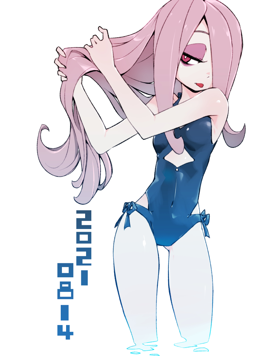 1girl, armpits, ass_visible_through_thighs, bare_shoulders, blue_swimsuit, breasts, bright_pupils, covered_navel