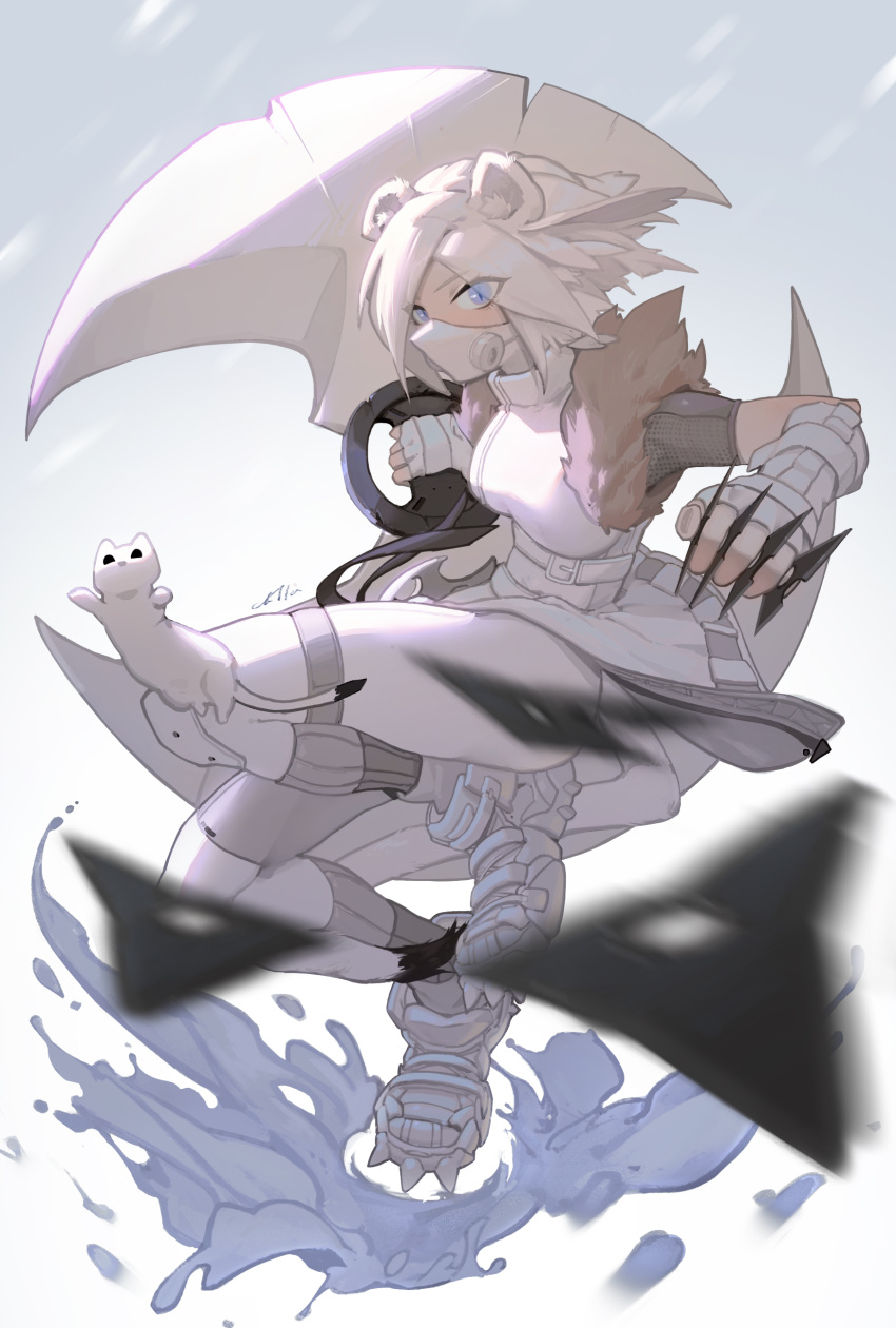 1girl, absurdres, arknights, bangs, belt, between_fingers, blue_eyes, bodysuit, bodysuit_under_clothes, boots, breasts, chilakkk, commentary, elbow_gloves, eyebrows_visible_through_hair, eyes_visible_through_hair, fingerless_gloves, full_body, fur-trimmed_jacket, fur_trim, fuuma_shuriken, gloves, grey_bodysuit, grey_legwear, highres, holding_shuriken, jacket, jumping, looking_at_viewer, mask, medium_breasts, mesh, motion_blur, mouth_mask, official_alternate_costume, pants, parted_bangs, ribbed_legwear, shirayuki_(arknights), shirayuki_(wind_of_breaking_blade)_(arknights), short_hair, shuriken, signature, sleeveless, sleeveless_jacket, slit_pupils, socks, solo, spiked_boots, stoat, stoat_ears, stoat_girl, tight, tight_pants, turtleneck, white_belt, white_footwear, white_gloves, white_hair, white_jacket, white_pants