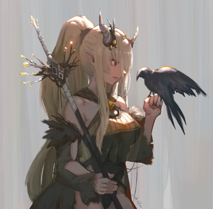 1girl, arknights, bird, bird_on_hand, black_eyes, black_swimsuit, breasts, chilakkk