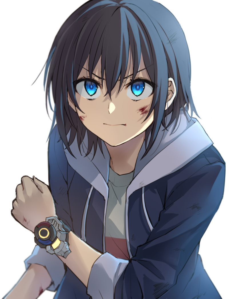 1girl, backlighting, black_hair, blue_eyes, bruise, bruise_on_face, furrowed_brow, hair_between_eyes