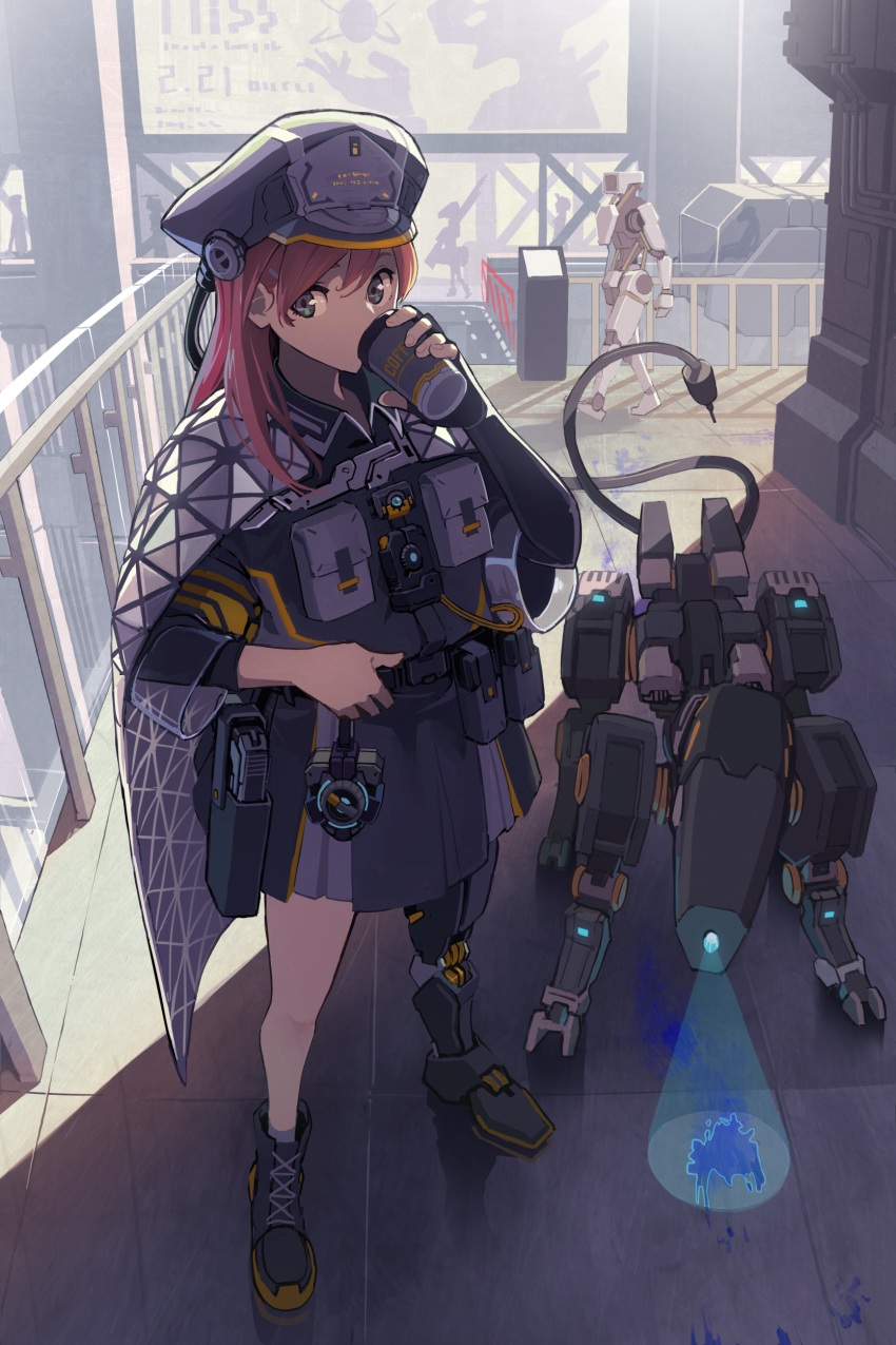 1girl, absurdres, android, cape, commentary, cup, cyborg, disposable_cup