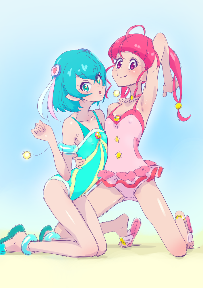 2girls, alien, armpits, breasts, character_request, covered_nipples, flip-flops, green_eyes