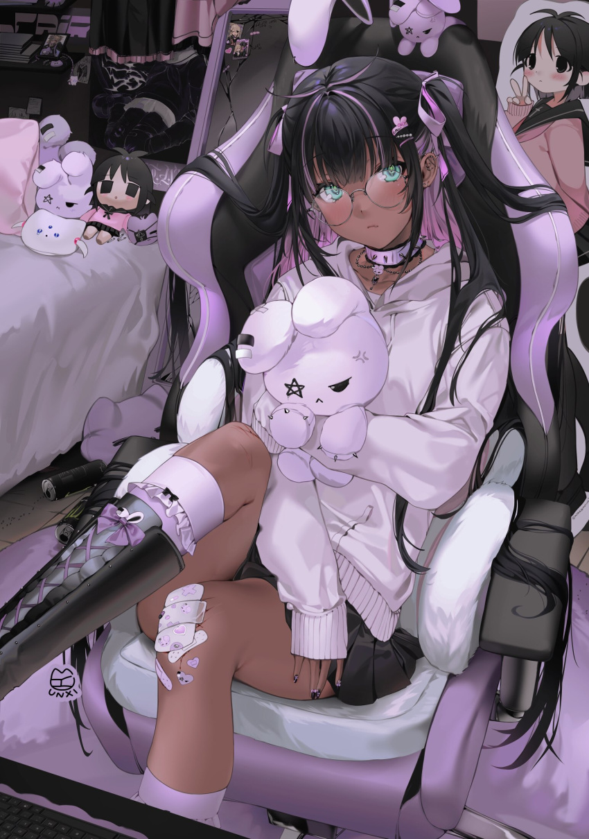 1girl, altair_(unxi), aqua_eyes, bandaid, bandaid_on_knee, bed, black_footwear, black_hair