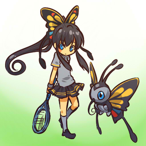 1girl, beautifly, black_hair, blue_eyes, blush, blush_stickers, costume, hair_ornament