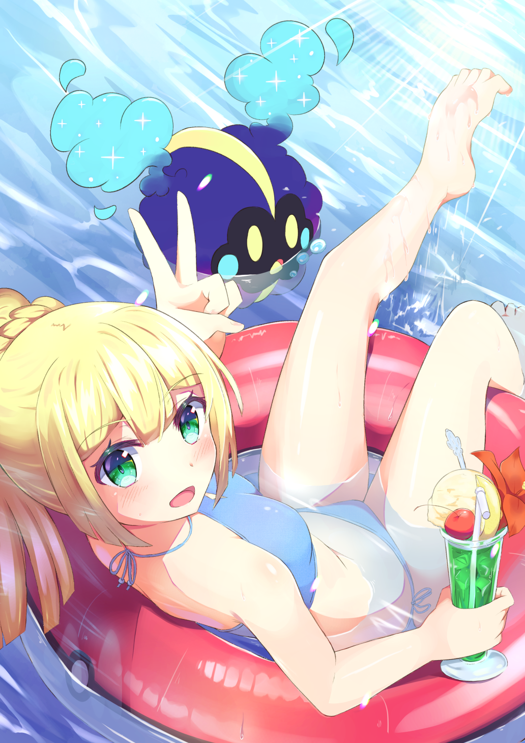 1girl, afloat, bangs, bare_arms, bare_legs, barefoot, berry, bikini