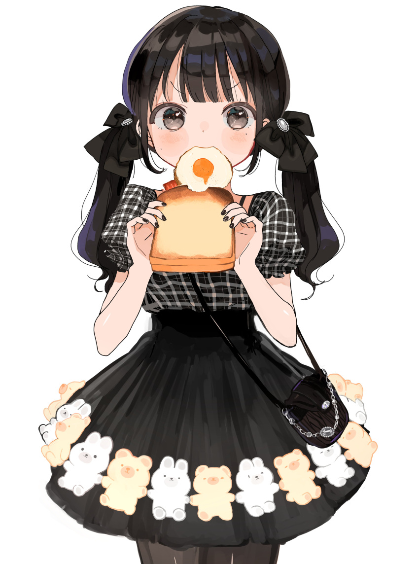 1girl, absurdres, bag, bangs, black_bow, black_hair, black_legwear, black_nails