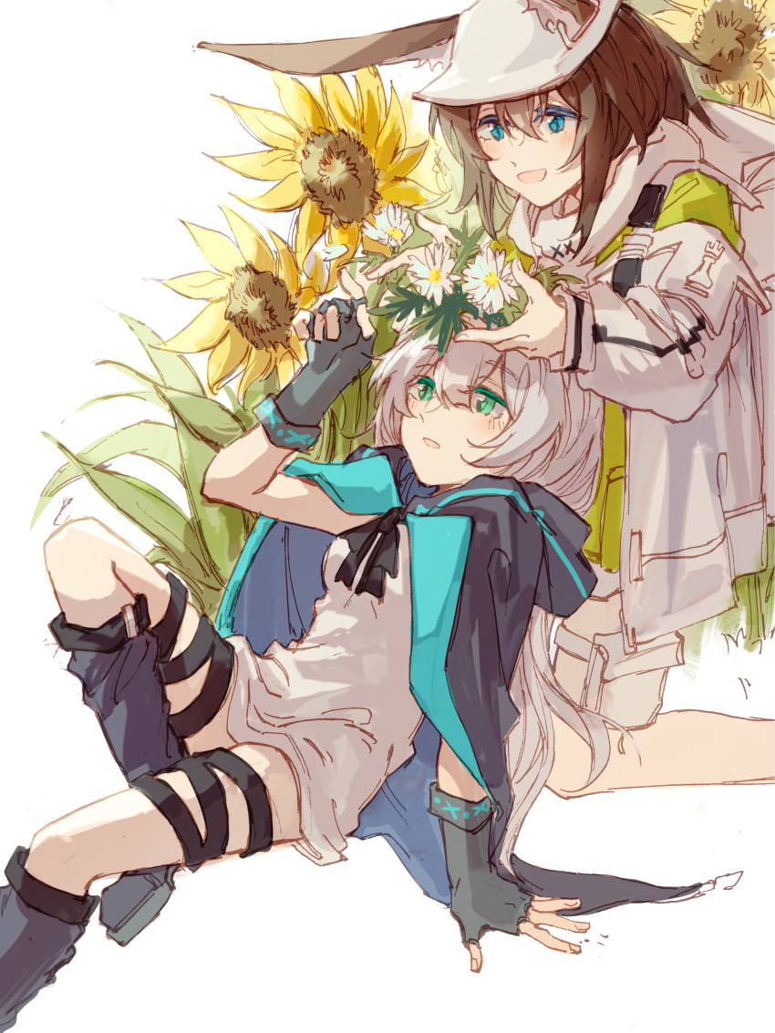 2girls, absurdres, amiya_(arknights), amiya_(seeder)_(arknights), animal_ears, arknights, bangs, blue_eyes