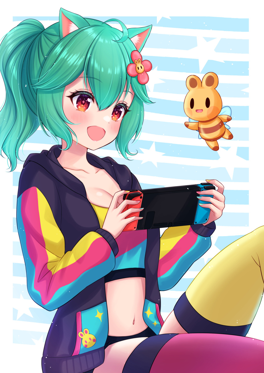 1girl, :d, ahoge, animal_ears, asymmetrical_legwear, blush, cat_ears, closed_eyes, collarbone, commission, fingernails, flower-shaped_pupils, green_eyes, green_hair, handheld_game_console, highres, hiiragi_kei, holding, holding_handheld_game_console, hood, hooded_jacket, indie_virtual_youtuber, jacket, midriff, mismatched_legwear, mismatched_nail_polish, nail_polish, navel, nintendo_switch, open_clothes, open_jacket, open_mouth, pink_legwear, ponytail, rosedoodle_(vtuber), simple_background, sitting, skeb_commission, smile, solo, tank_top, thigh-highs, virtual_youtuber, yellow_legwear