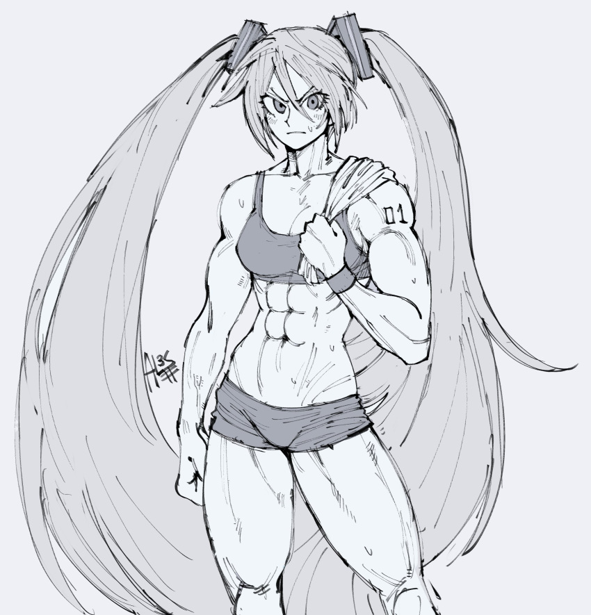 1girl, abs, biceps, breasts, clenched_hands, english_commentary, gabriel_ales, greyscale, gym_shorts, hatsune_miku, highres, long_hair, medium_breasts, monochrome, muscular, muscular_female, serious, shorts, shoulder_tattoo, solo, sports_bra, sportswear, standing, sweat, tattoo, thick_thighs, thighs, towel, towel_on_one_shoulder, twintails, very_long_hair, vocaloid, wristband
