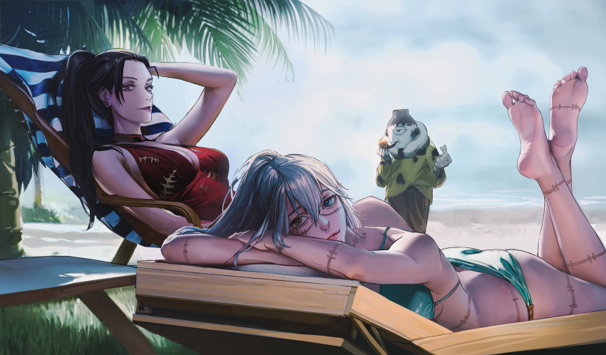 2girls, absurdres, beach, bikini, black_hair, blue_hair, breasts, butter_squid