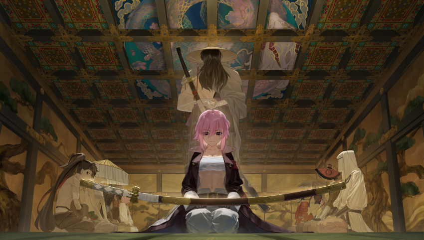 1boy, 1girl, absurdres, alchemy_stars, ambiguous_gender, architecture, armband, armor, bandaged_arm, bandages, bangs, beads, belt, black_hair, closed_mouth, collarbone, colored_inner_hair, commentary_request, covered_face, dragon, east_asian_architecture, floating, floating_object, gauntlets, gloves, hat, hataya, highres, hiiro_(alchemy_stars), holding_own_arm, indoors, jacket, japanese_armor, long_hair, looking_at_another, looking_down, multicolored_hair, navel, ootachi, open_clothes, open_jacket, pants, people, pink_eyes, pink_hair, ponytail, prayer_beads, rice_hat, sanki_(alchemy_stars), sarashi, seiza, sheath, sheathed, shirtless, short_hair, sidelocks, sitting, standing, straw_hat, sword, torioigasa, veil, vignetting, weapon, white_pants