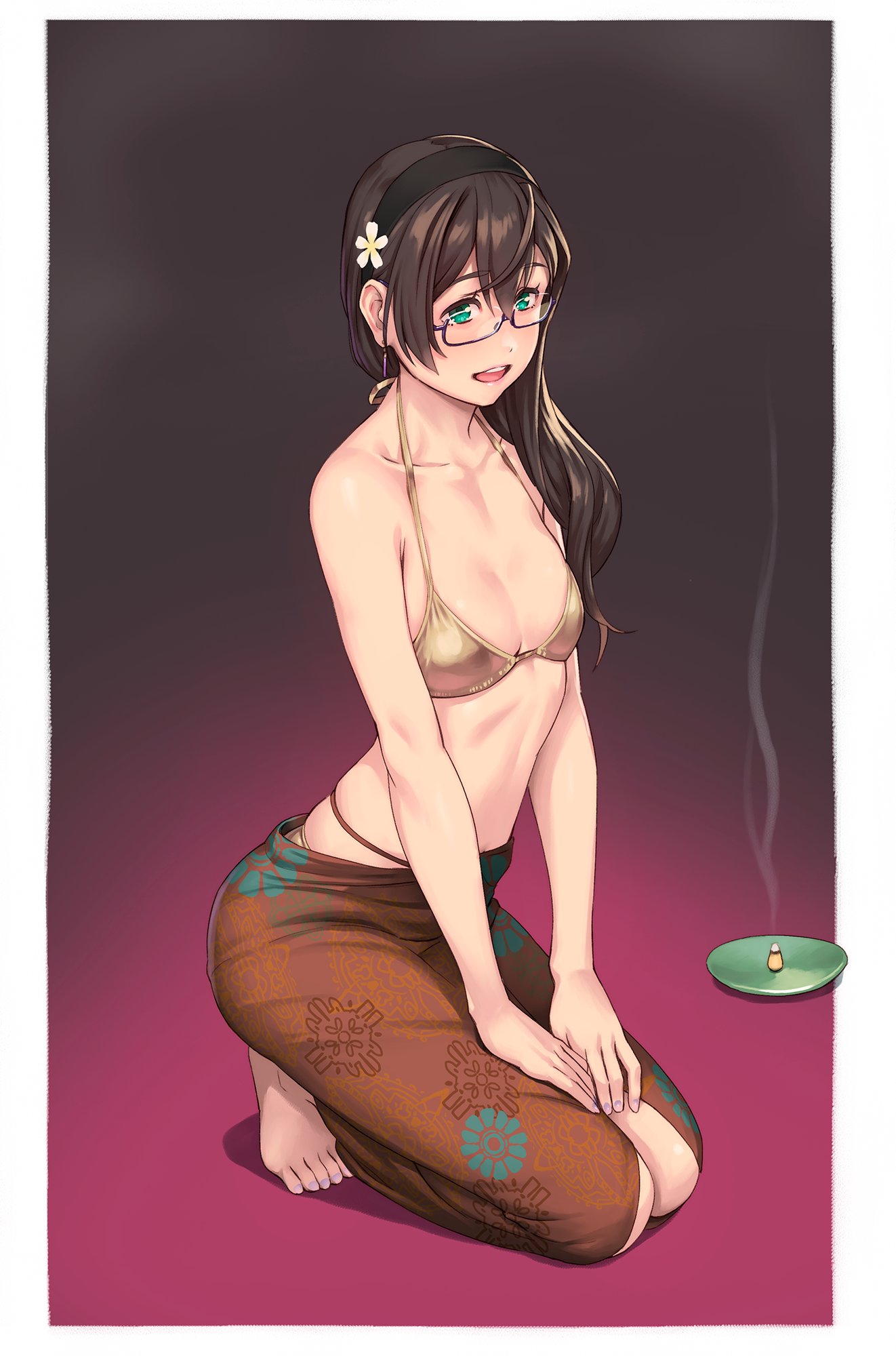 1girl, alternate_costume, aqua_eyes, bare_arms, bare_shoulders, barefoot, bikini, black_hair