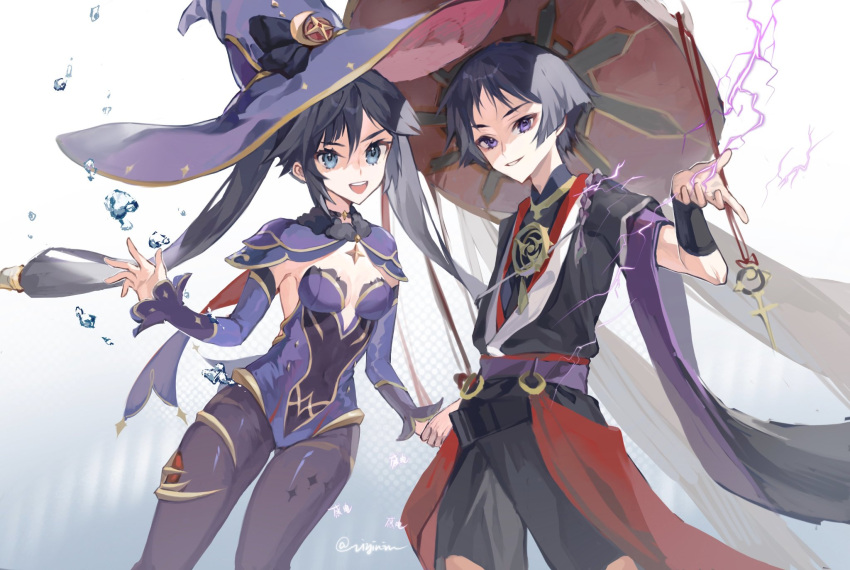 1boy, 1girl, armor, bangs, black_hair, blue_eyes, bow, breasts