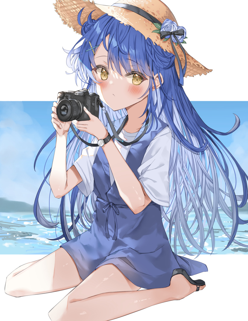 1girl, absurdres, amamiya_kokoro, bangs, black_bow, black_footwear, blue_dress, blue_hair, blush, bow, brown_eyes, brown_headwear, camera, camera_around_neck, closed_mouth, commentary_request, dress, eyebrows_visible_through_hair, flower, hair_ornament, hairclip, hands_up, hat, hat_flower, highres, holding, holding_camera, long_hair, looking_at_viewer, nijisanji, rose, sandals, shirt, short_sleeves, sitting, sleeveless, sleeveless_dress, solo, straw_hat, sutei_(arece15), very_long_hair, virtual_youtuber, wariza, watch, watch, water, white_flower, white_rose, white_shirt, x_hair_ornament