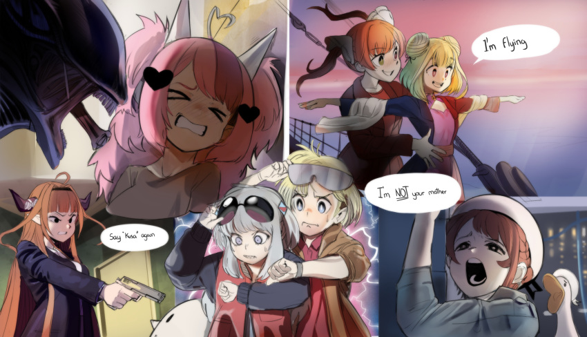 6+girls, alien_3, back_to_the_future, character_request, english_commentary, english_text, eyewear_on_head, eyewear_removed