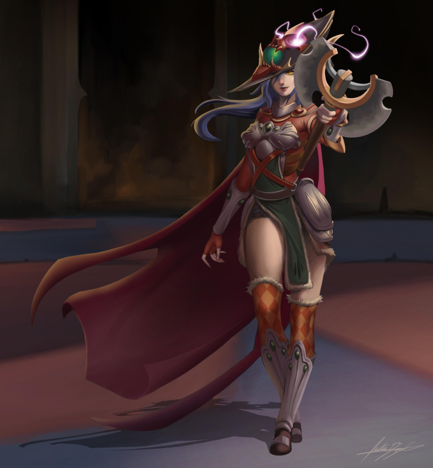 1girl, absurdres, arm_up, armored_boots, axe, balmung_(runescape), blue_hair, boots, breasts, cape, checkered, checkered_legwear, commentary, commission, dang_(runescape), duellist's_cap_(tier_6), english_commentary, fingerless_gloves, full_body, gloves, hat, highres, justin_gozal, light_smile, long_hair, looking_at_viewer, medium_breasts, one_eye_covered, plate_armor, procreate_(medium), red_cape, runescape, signature, solo, thighs, wide_shot, yellow_eyes