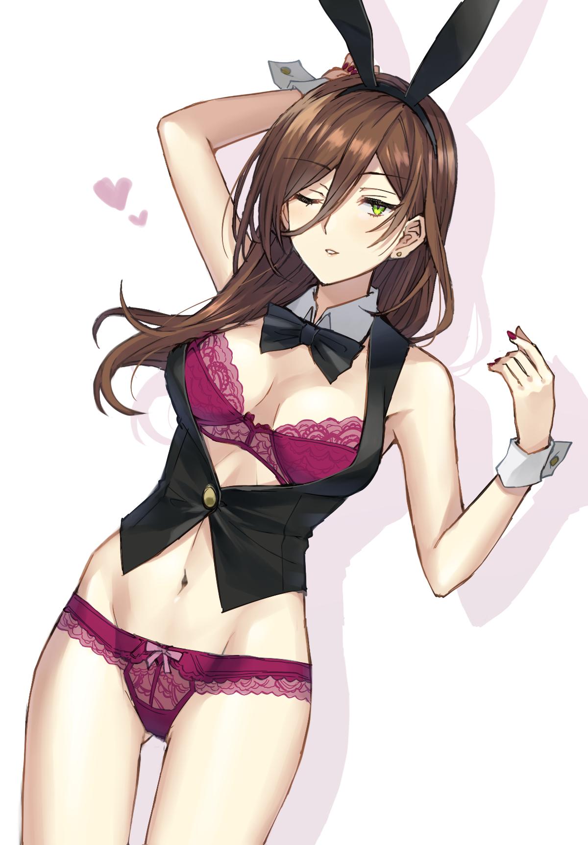 animal_ears, bow, bowtie, bra, breasts, brown_hair, detached_collar, earrings