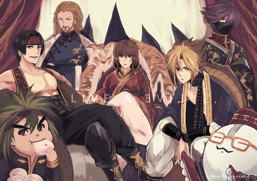1girl, 5boys, alternate_costume, artist_name, beard, black_hair, blonde_hair, brown_hair, crossed_legs, cube_(live_a_live), dumpling, eating, everyone, facial_hair, food, glasses, hairband, japanese_clothes, lei_kuugo, live_a_live, mask, multicolored_hair, multiple_boys, oboro-maru_(live_a_live), pogo_(live_a_live), purple_hair, red_hairband, robot, shirtless, sitting, sundown_kid, takahara_masaru, thick_eyebrows, tiger, two-tone_hair
