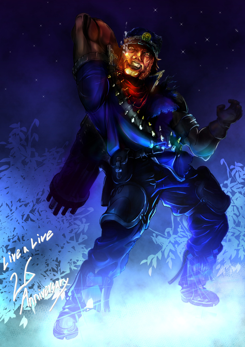 1boy, absurdres, anniversary, arm_up, armor, black_gloves, brown_hair, bullet, cigar, copyright_name, double_chin, gatling_gun, gloves, gogo_(pixiv47445), hat, highres, live_a_live, minigun, mutton_chops, night, night_sky, o._dio, outdoors, red_neckwear, sky, smoking, standing