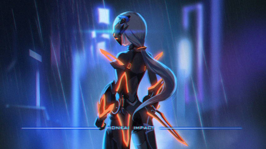 1girl, back, bangs, black_hair, blurry, blurry_background, city_lights, fu_hua