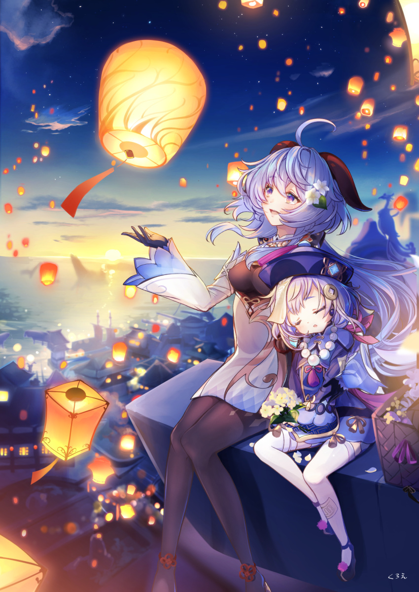 ahoge, bead_necklace, beads, bell, black_gloves, blue_hair, closed_eyes, coin_hair_ornament