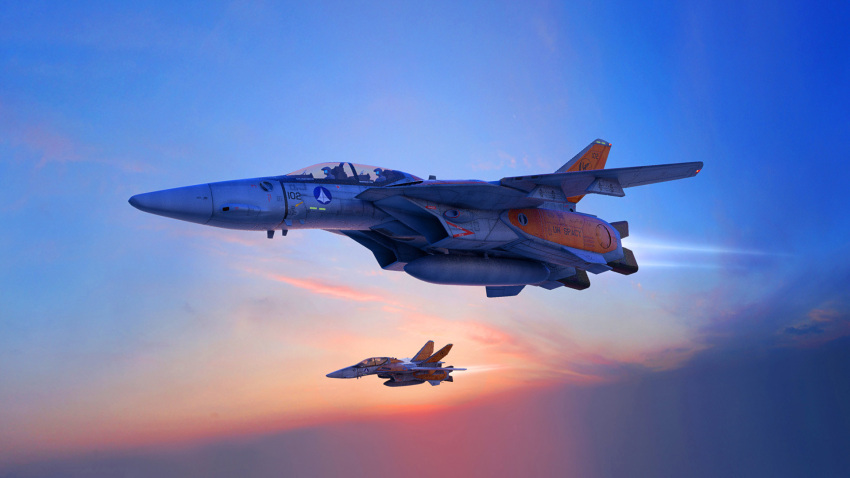 3d, afterburner, canopy, choujikuu_yousai_macross, clouds, condensation_trail, dusk, english_commentary, flying, hangarb, hardpoint, helmet, highres, macross, macross:_the_first, mecha, pilot, pilot_suit, realistic, robotech, roundel, science_fiction, thrusters, u.n._spacy, variable_fighter, veritech, vf-1, vf-1d