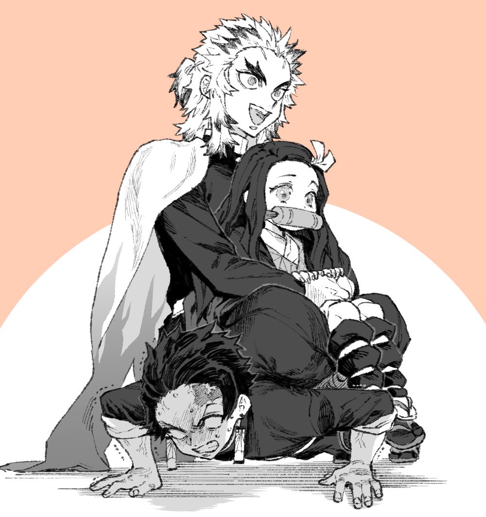 1girl, 2boys, all_fours, bit_gag, cape, earrings, gag, greyscale