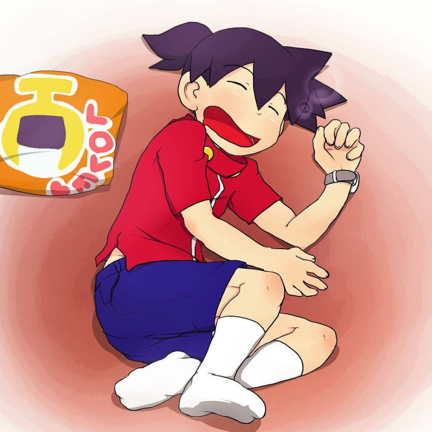 1boy, closed_eyes, ikki_tenryou, lying, male, medabots, open_mouth, pillow