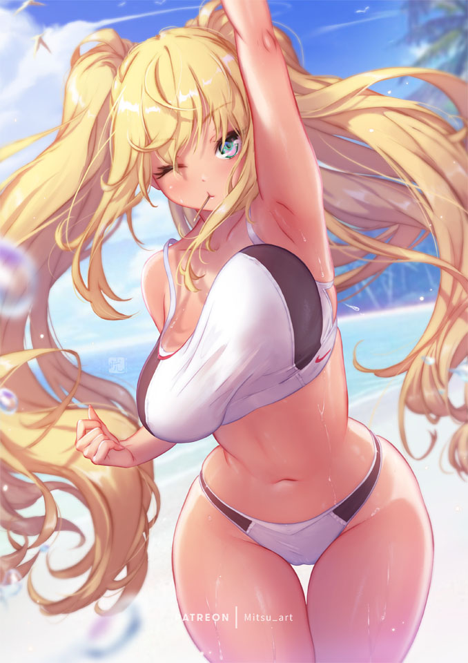 1girl, arm_up, armpits, beach, blonde_hair, bouncing_breasts, breasts, dumbbell_nan_kilo_moteru?