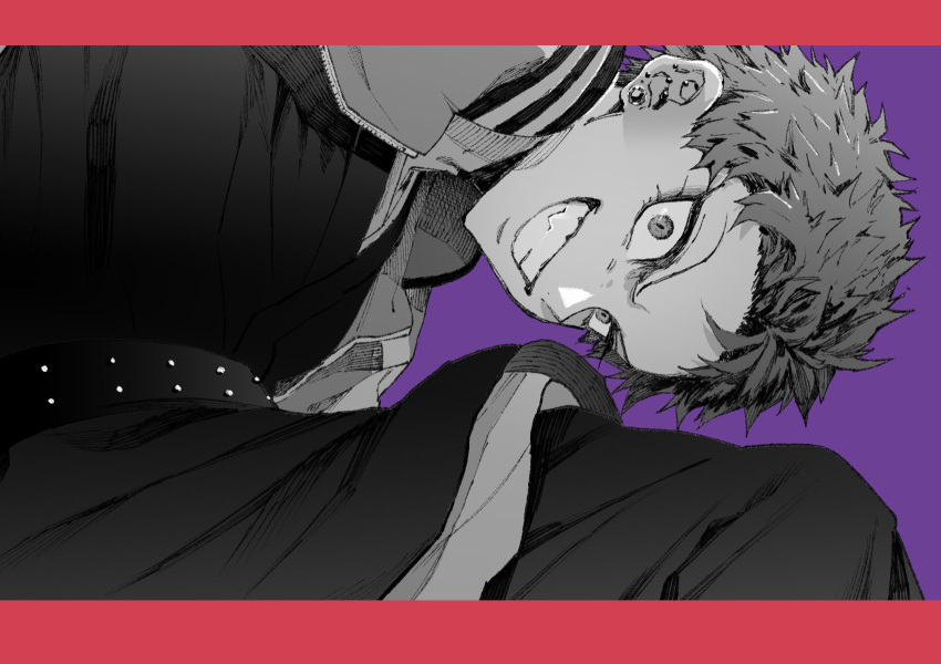 1boy, border, ear_piercing, eyelashes, grin, harai_kuuko, highres, hypnosis_mic, jacket, japanese_clothes, jewelry, letterman_jacket, looking_at_viewer, maki_keigo, male_focus, monochrome, piercing, purple_background, red_border, simple_background, smile, solo, upper_body