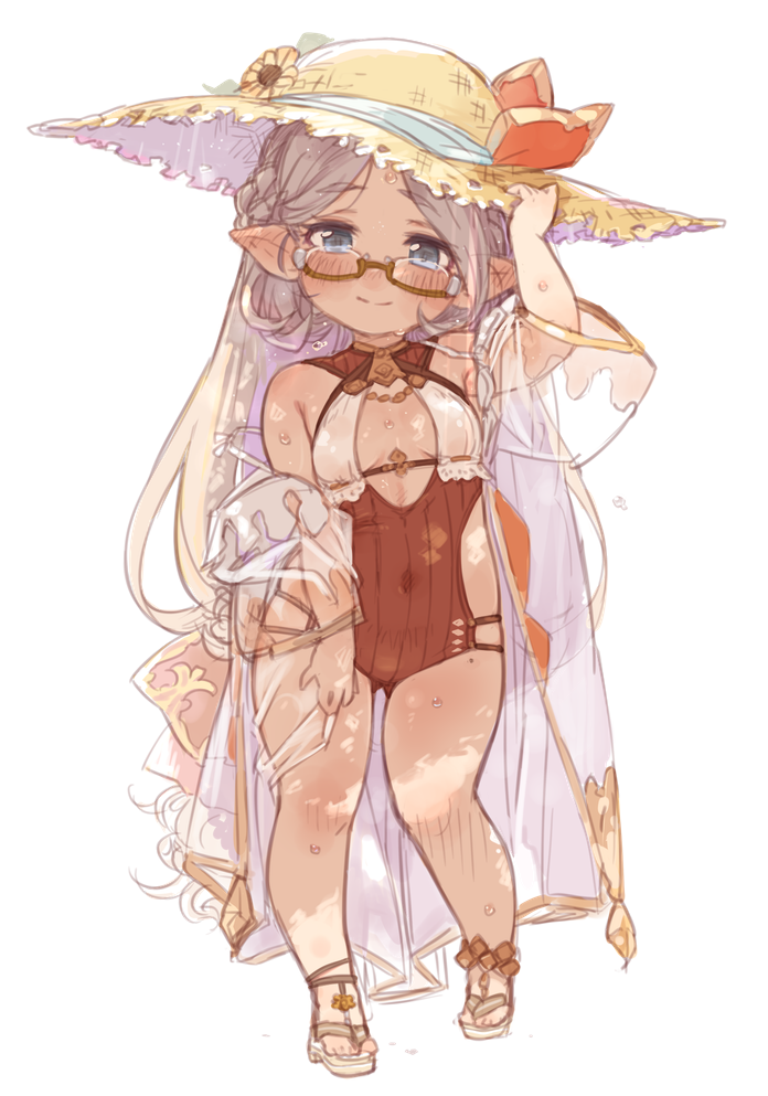1girl, 7010, bare_shoulders, blue_eyes, blush, breasts, breasts_apart, brown_swimsuit, cleavage_cutout, clothing_cutout, covered_navel, eyebrows_visible_through_hair, flower, full_body, glasses, granblue_fantasy, grey_hair, hand_on_own_thigh, hat, head_tilt, holding, holding_clothes, holding_hat, looking_at_viewer, one-piece_swimsuit, pointy_ears, sandals, semi-rimless_eyewear, short_sleeves, simple_background, small_breasts, smile, solo, split_mouth, standing, standing_on_one_leg, straw_hat, sweat, swimsuit, under-rim_eyewear, white_background, zahlhamelina