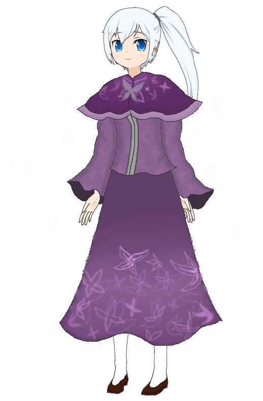 1girl, blue_eyes, brown_footwear, butterfly, butterfly_print, capelet, caraprincess, long_sleeved_dress, original_character, pale_blue_hair, ponytail, purple_clothes, side_ponytail, touhou
