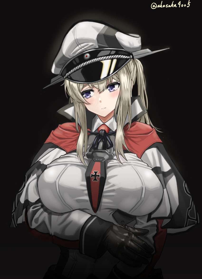 1girl, absurdres, akasaka4005, black_background, black_gloves, blonde_hair, breasts, capelet