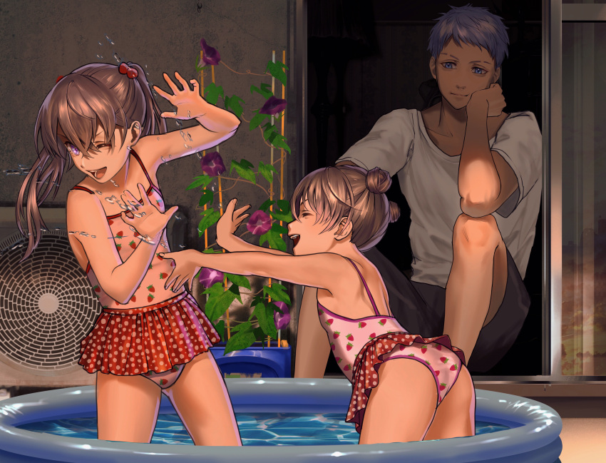 1boy, 2girls, absurdres, arms_up, bangs, black_hair, black_shorts, blue_eyes