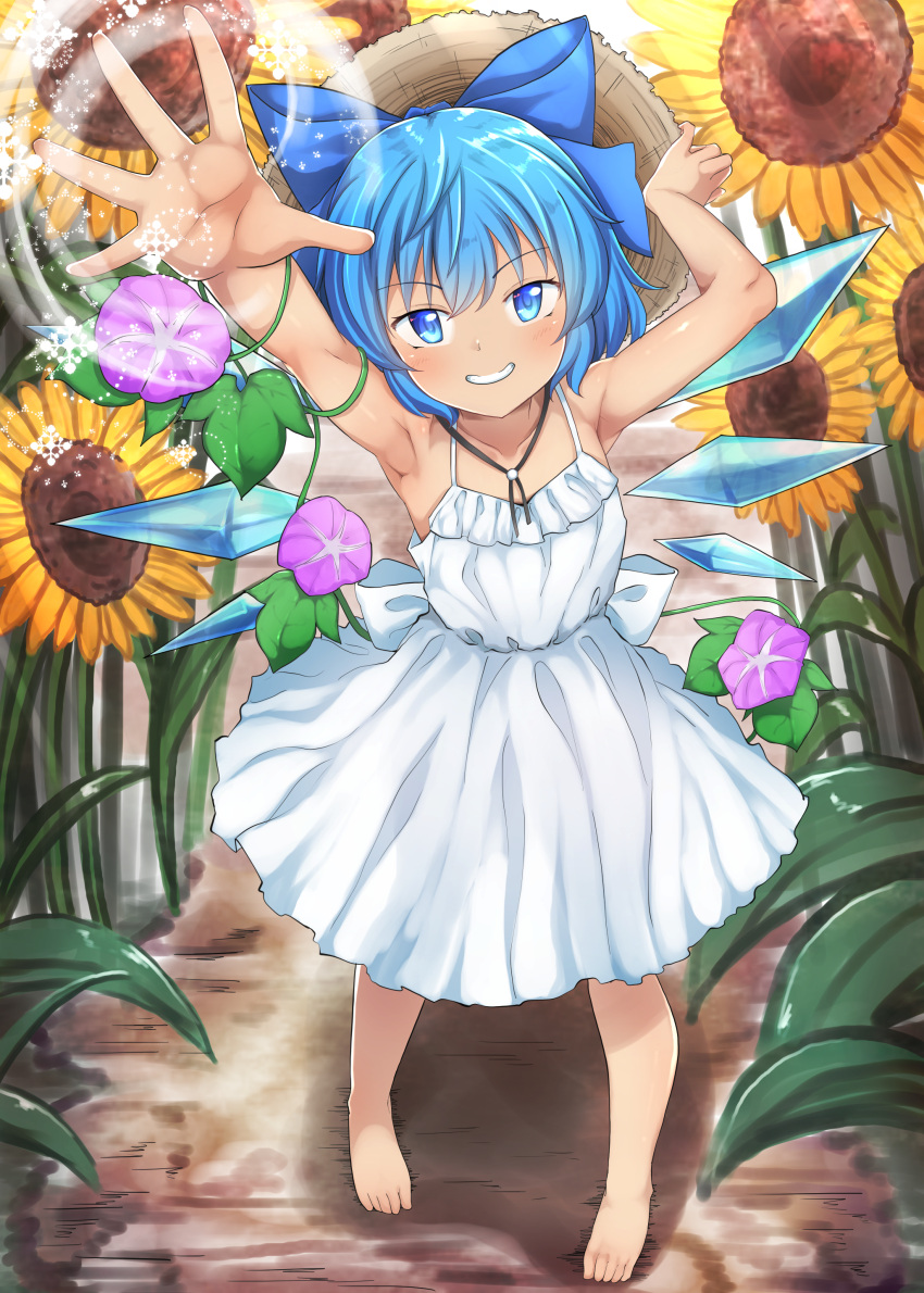 1girl, absurdres, armpits, arms_up, bangs, bare_shoulders, barefoot, blue_bow, blue_eyes, blue_hair, blush, bow, brown_headwear, cirno, closed_mouth, dress, eyebrows_visible_through_hair, flower, ground, hair_between_eyes, hands_up, hat, highres, ice, ice_wings, leaf, light, looking_at_viewer, magic, pink_flower, purple_flower, short_hair, sleeveless, smile, snowflakes, solo, standing, straw_hat, sunflower, sunlight, tan, tanned_cirno, teeth, touhou, white_bow, white_dress, wings, yellow_flower, yossy_(yossy1130)