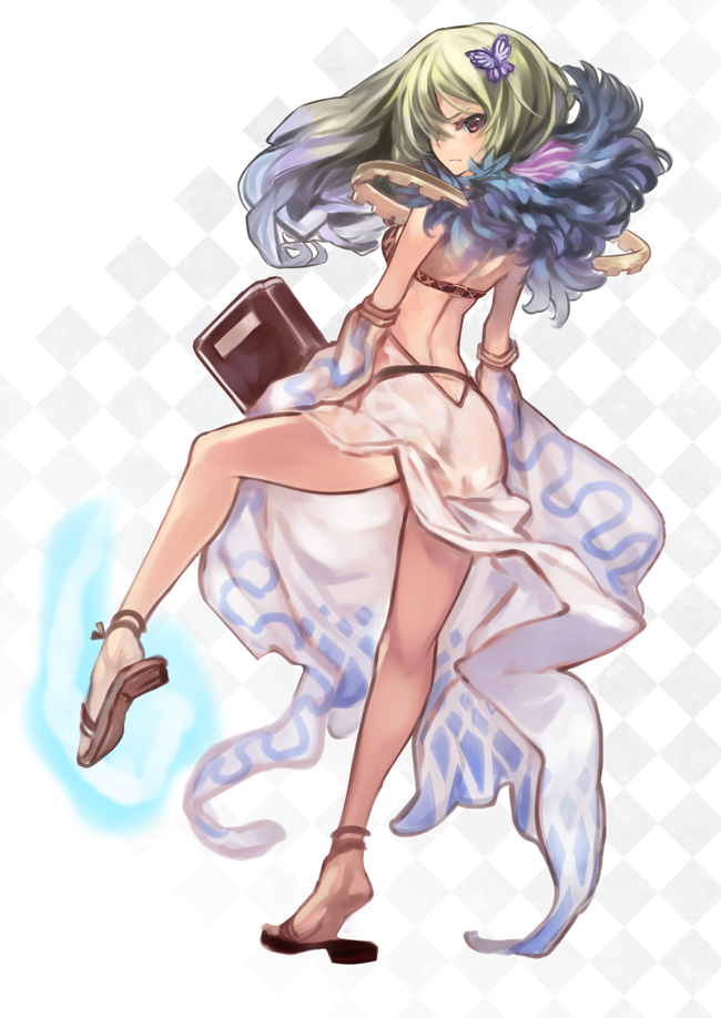 1girl, argyle, argyle_background, argyle_dress, ass, bangs, book, brown_eyes, brown_footwear, butterfly_hair_ornament, closed_mouth, detached_sleeves, dress, full_body, fur_collar, green_hair, hair_ornament, hair_over_one_eye, holding, holding_book, leg_up, long_hair, looking_at_viewer, looking_back, okishiji_en, ragfes, ragnarok_online, sandals, solo, sorcerer_(ragnarok_online), translation_request, white_dress, white_sleeves