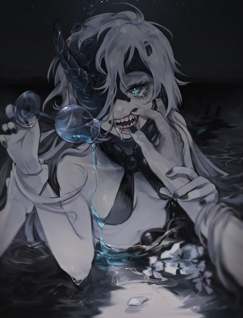 1girl, abyssal_ship, black_nails, blue_eyes, breasts, colored_skin, highres, horns