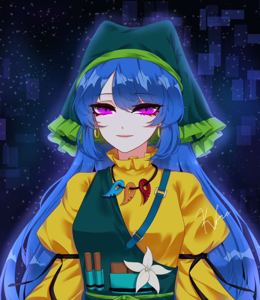 1girl, apron, artist_name, bangs, belt, blue_hair, bow, breasts