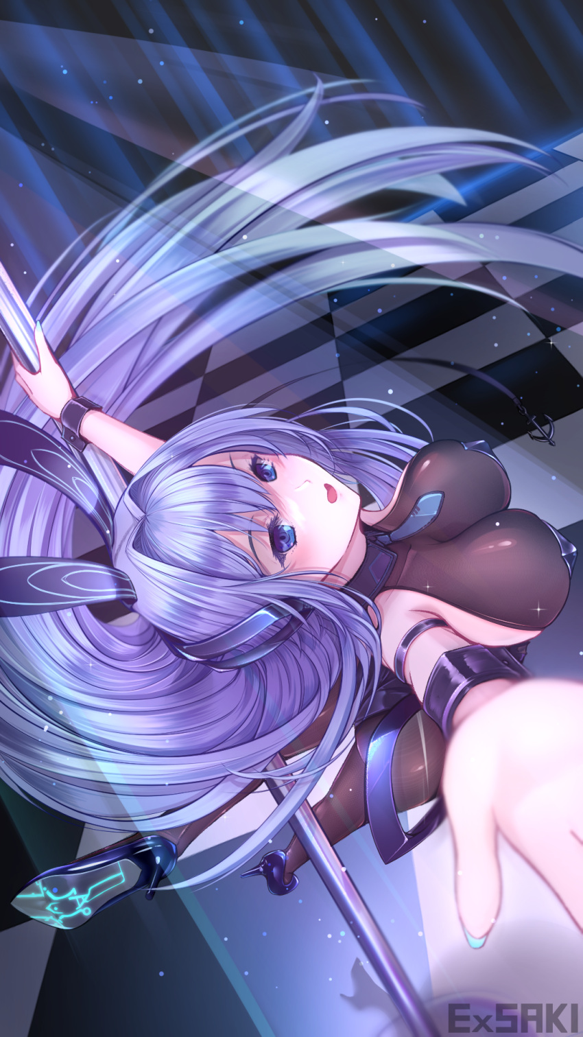 1girl, absurdly_long_hair, anchor_ornament, animal_ears, arm_strap, artist_name, ass, azur_lane, black_footwear, black_leotard, blue_eyes, blue_hair, bodystocking, breasts, checkered, checkered_floor, detached_collar, ex_saki, fake_animal_ears, full_body, high_heels, highres, impossible_clothes, large_breasts, leotard, long_hair, necktie, new_jersey_(azur_lane), new_jersey_(exhilarating_steps!)_(azur_lane), nightclub, official_alternate_costume, playboy_bunny, pole, pole_dancing, rabbit_ears, short_necktie, skin_tight, solo, strapless, strapless_leotard, stripper, stripper_pole, very_long_hair