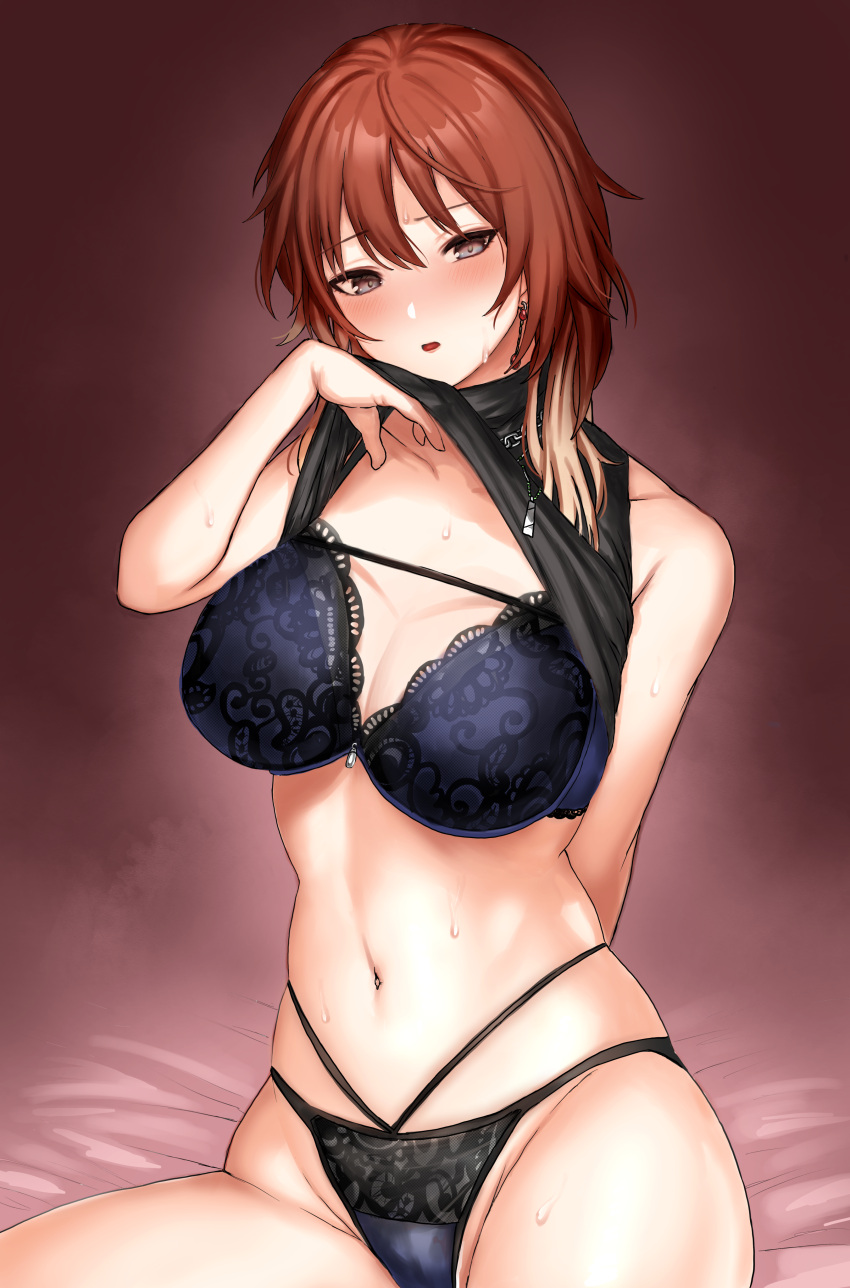1girl, absurdres, aketa_mikoto, black_bra, black_panties, black_shirt, blonde_hair, blush, bra, breasts, brown_eyes, brown_hair, clothes_lift, commentary_request, earrings, gradient_hair, groin, highres, idolmaster, idolmaster_shiny_colors, jewelry, kakeru_(fujiwara_kakeru), large_breasts, long_hair, looking_at_viewer, multicolored_hair, navel, panties, shirt, shirt_lift, sitting, skindentation, solo, sweat, underwear