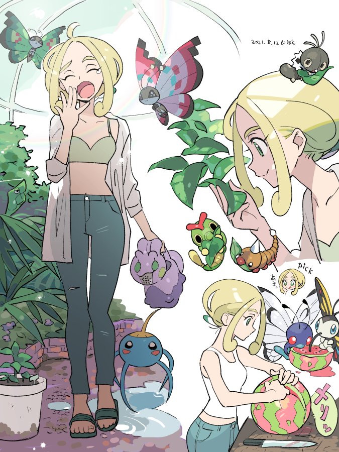 1girl, ahoge, alternate_costume, beautifly, blonde_hair, blush_stickers, butterfree, caterpie