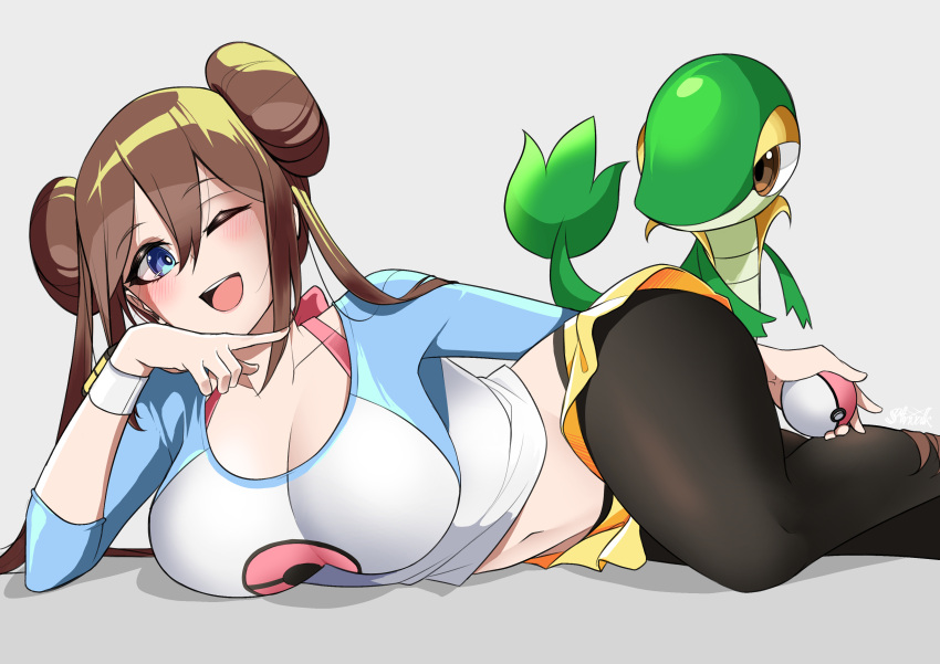 1girl, absurdres, black_legwear, blue_eyes, blush, bow, breasts, brown_hair