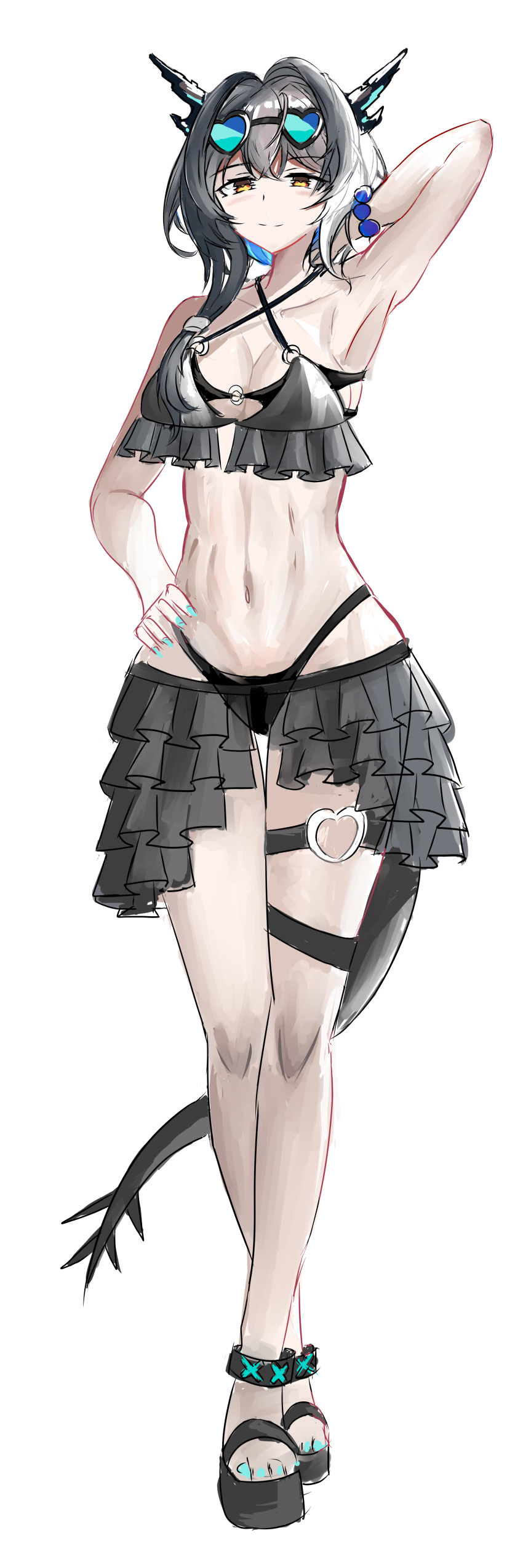1girl, absurdres, aqua_nails, arknights, arm_up, armpits, bangs, bare_arms